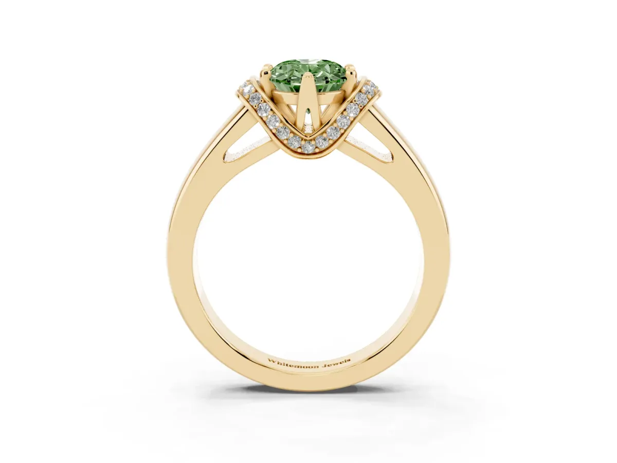 Fancy Green Oval Cut Solitaire Diamond Ring with Pave Band and Six-Prong Setting Yellow gold