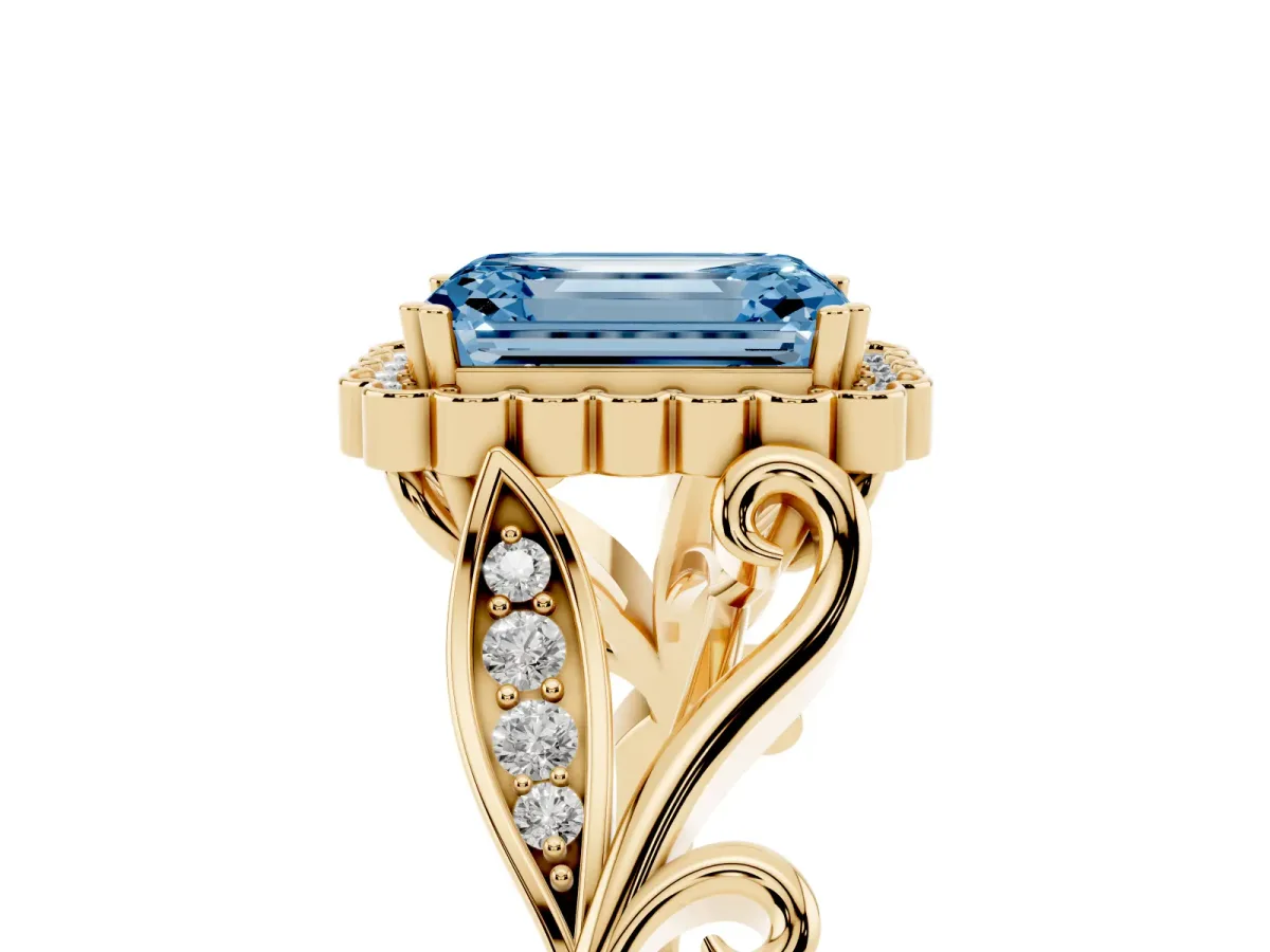 Fancy Blue Emerald Cut Diamond Halo Ring with Vintage Split Shank and Four-Prong Setting Yellow gold