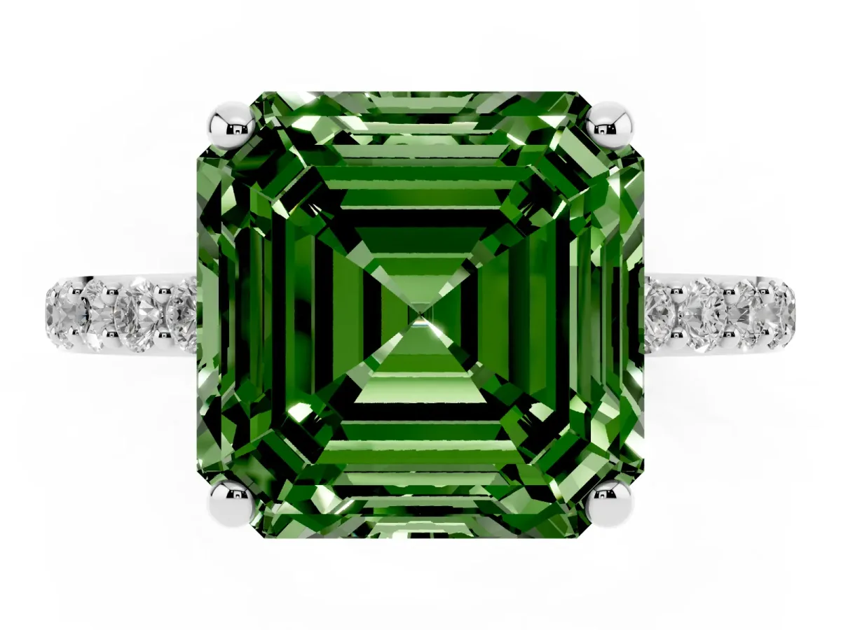 Fancy Green Asscher Cut Diamond Solitaire Ring with Round Pavé Band and Prong Setting Silver