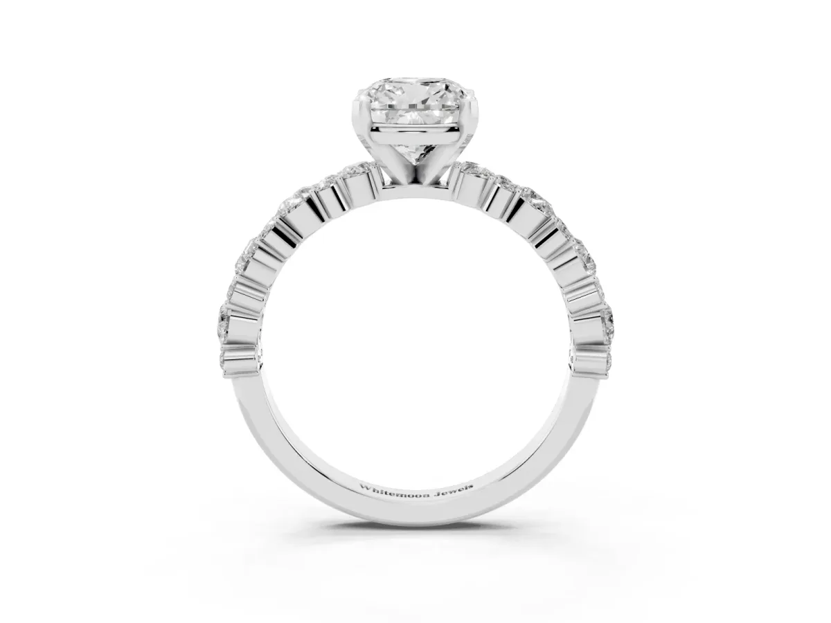 Cushion Cut Diamond Side Stone Solitaire Ring with Round and Four-Prong Setting Silver