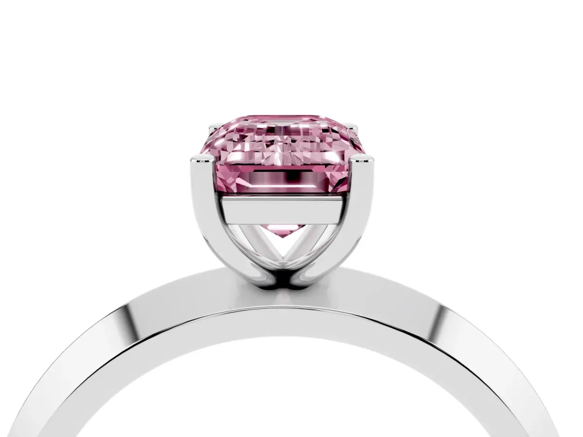 Fancy Pink Emerald Cut Cut Solitaire Engagement Ring with Flat Band and Four-Prong Setting Platinum