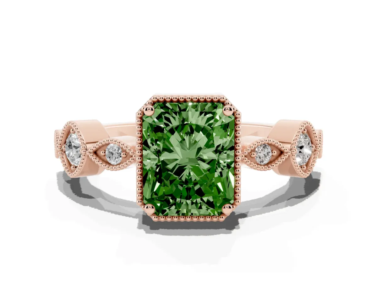 Fancy Green Radiant Cut Diamond Vintage Milgrain Ring with Round Stations Rose gold