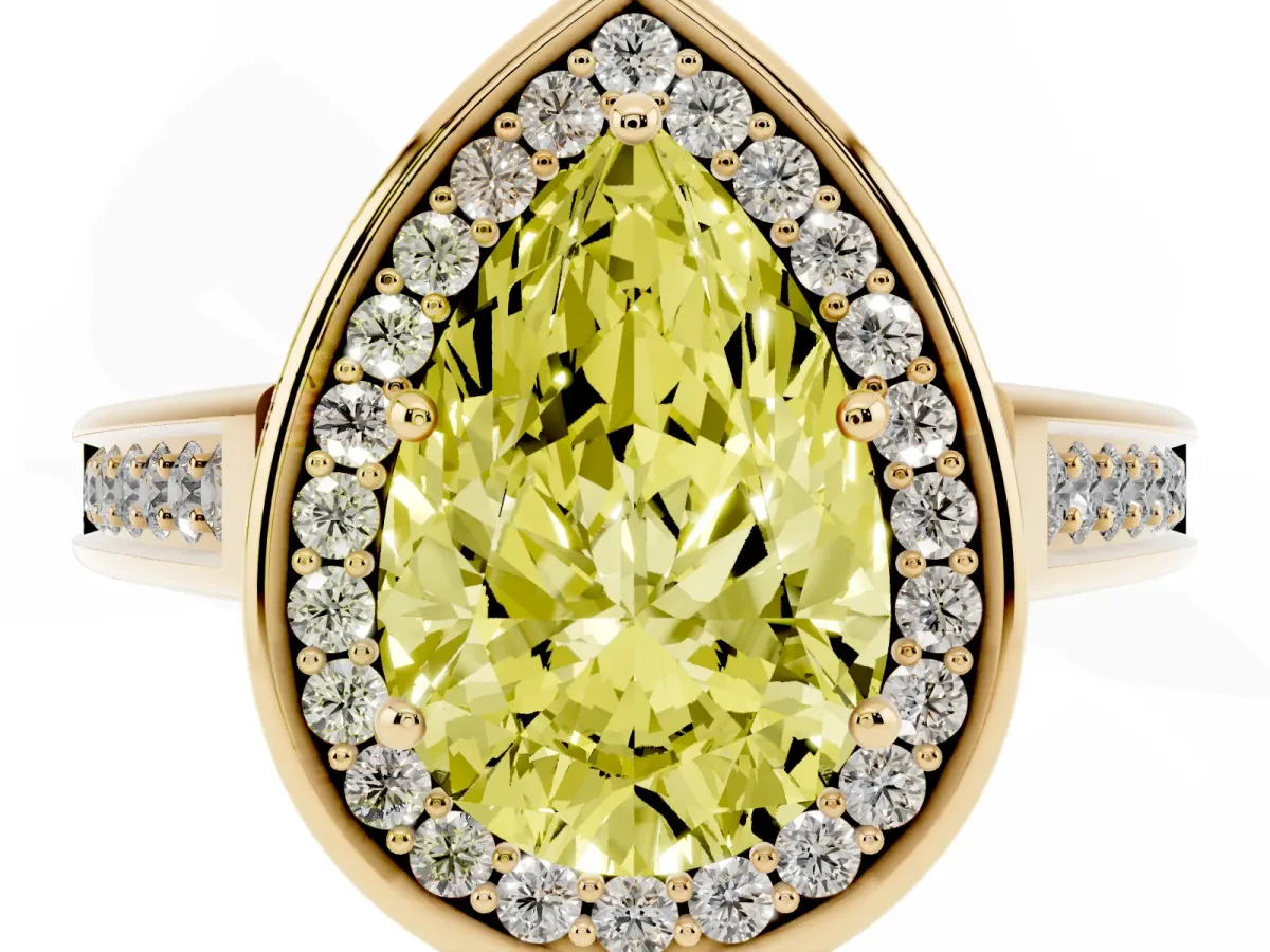 Fancy Yellow Pear Cut Halo Solitaire Diamond Ring with Pave Band and Bezel Setting Yellow gold