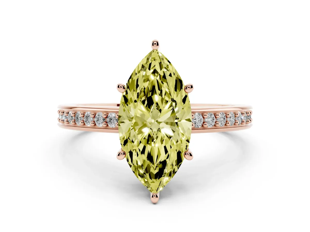 Fancy Yellow Marquise Cut Solitaire Pavé Band Prong Setting Ring Rose gold