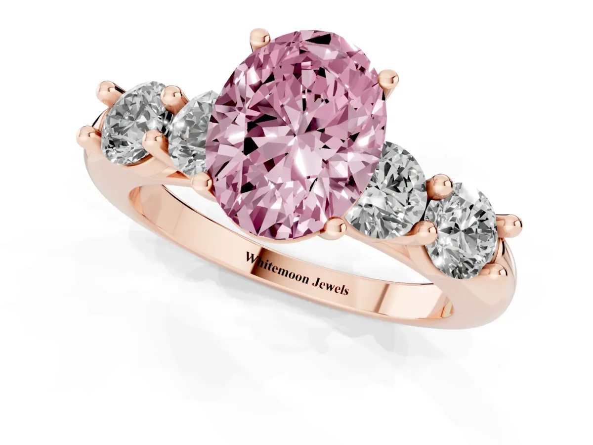 Fancy Pink Oval Cut Cut Five-Stone Prong Set Diamond Ring with Classic Band Rose gold