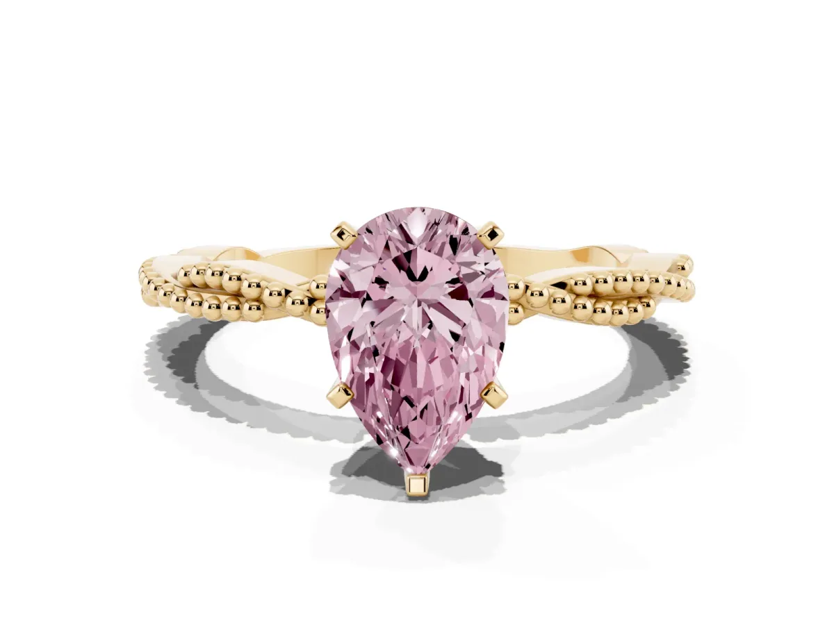 Fancy Pink Pear Cut Solitaire Twisted Band with Bead Prong Setting Yellow gold