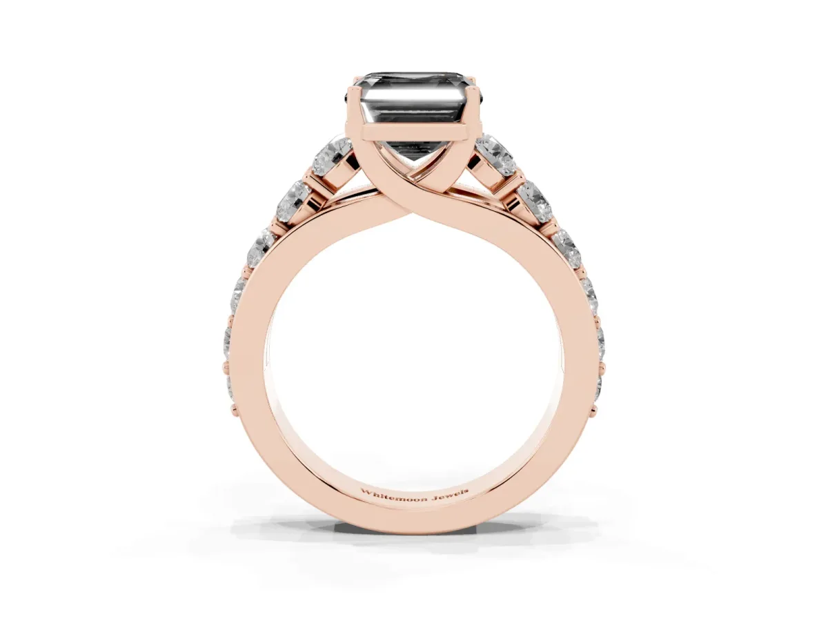 Fancy Black Asscher Cut Diamond Engagement Ring with Pavé Band and Four-Prong Setting Rose gold