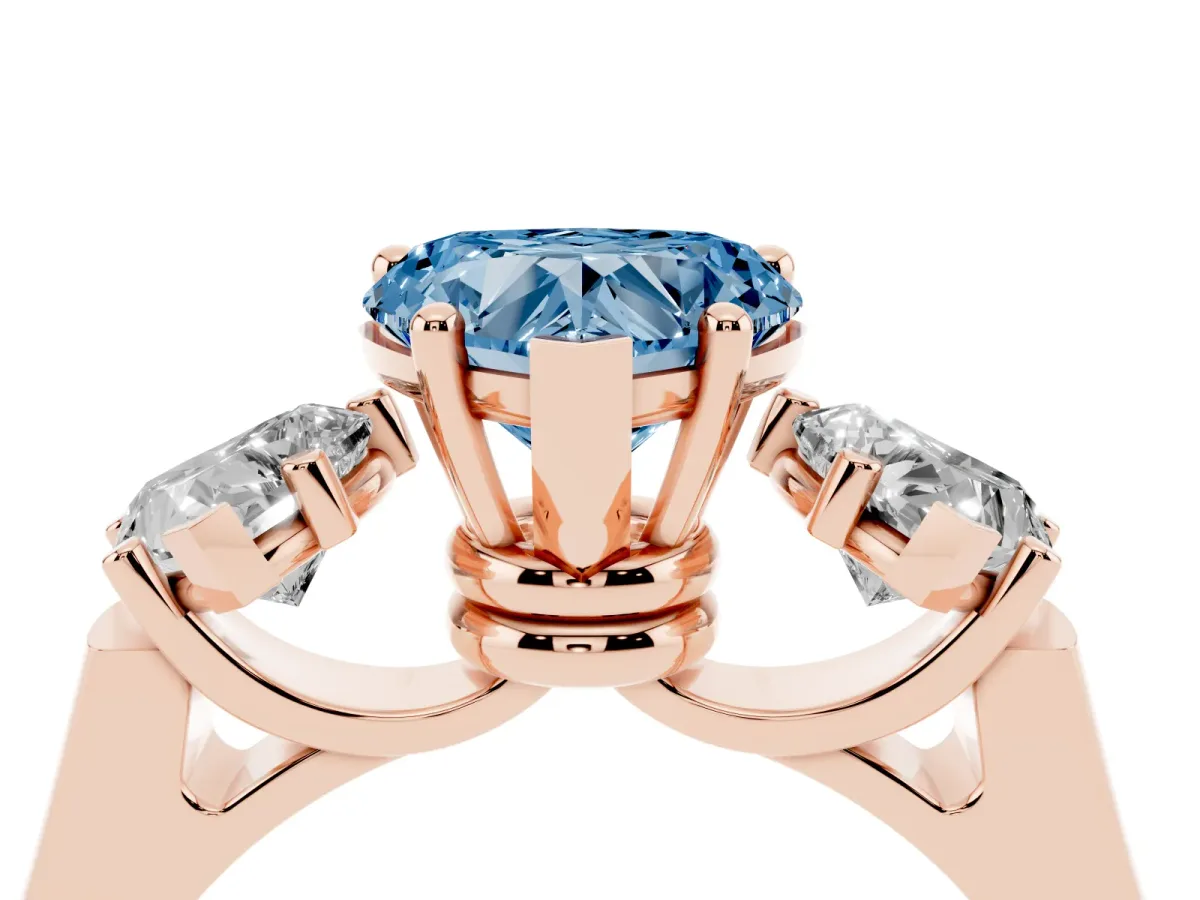 Fancy Blue Three-Stone Heart Cut Brilliant Diamond Trellis Ring with Comfort Fit Band Rose gold