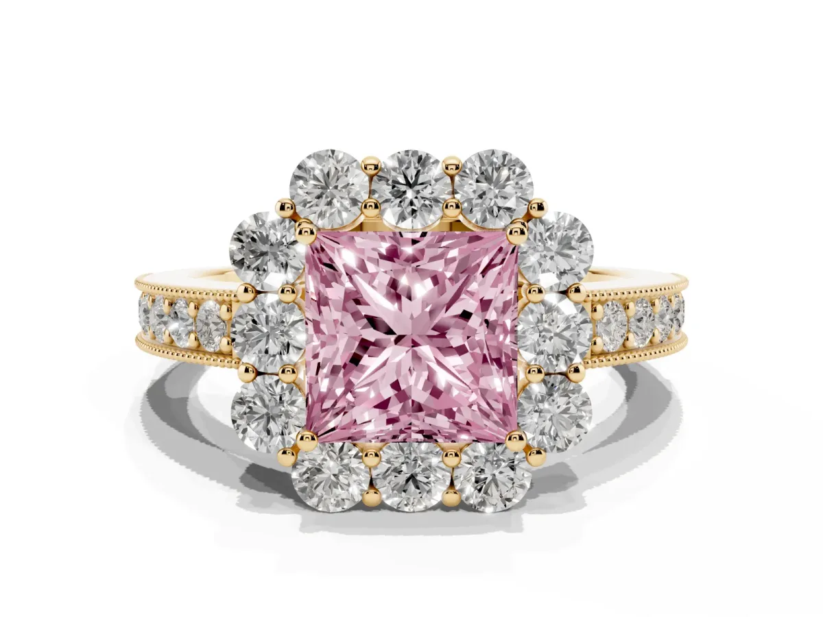Fancy Pink Princess Cut Cut Halo Diamond Pavé Engagement Ring with Milgrain Detailing Yellow gold