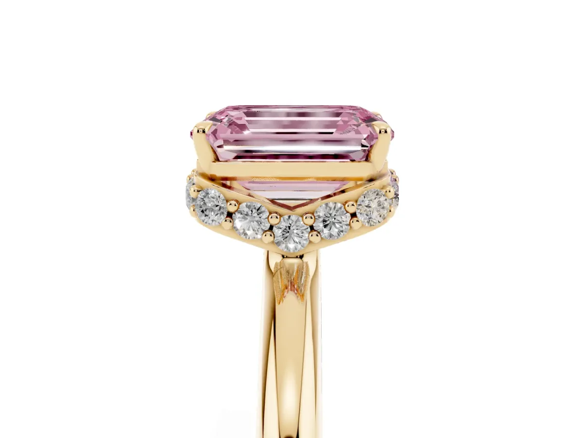 Fancy Pink Emerald Cut Brilliant Solitaire Engagement Ring with Six-Prong Setting and Classic Band Yellow gold