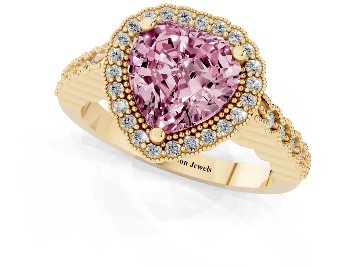 Fancy Pink Heart Cut Cut Halo Pavé Solitaire Ring with Milgrain Band Yellow gold