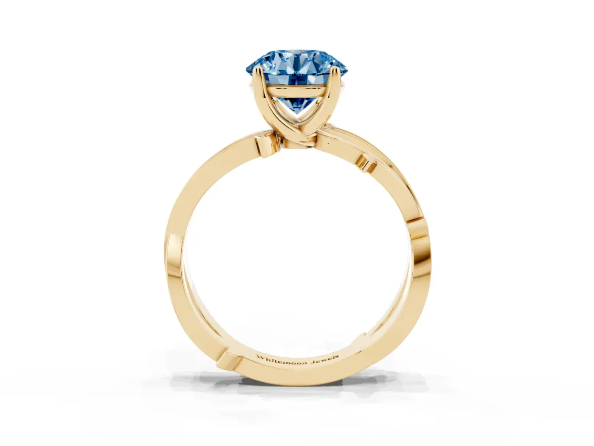 Fancy Blue Round Cut Solitaire Twist Band with Pavé Accents and Four-Prong Setting Yellow gold