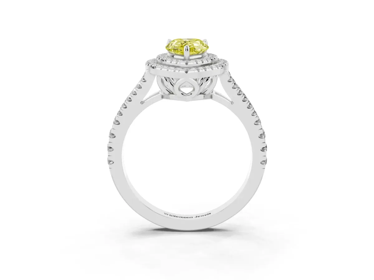 Fancy Yellow Pear Cut Diamond Double Halo Ring with Pavé Band and Prong Setting Platinum