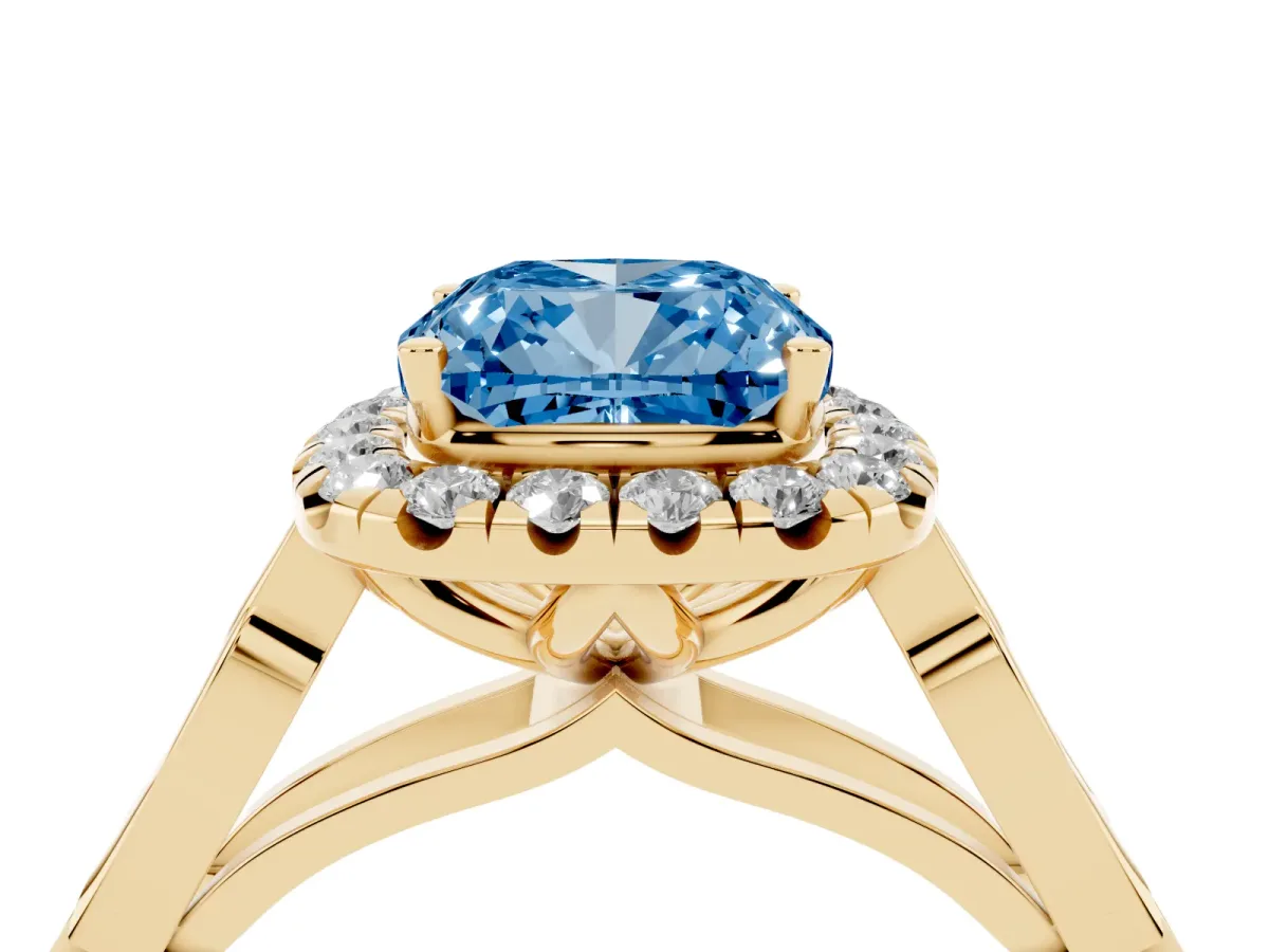 Fancy Blue Cushion Cut Halo Diamond Engagement Ring with Filigree Band and Four-Prong Setting Yellow gold