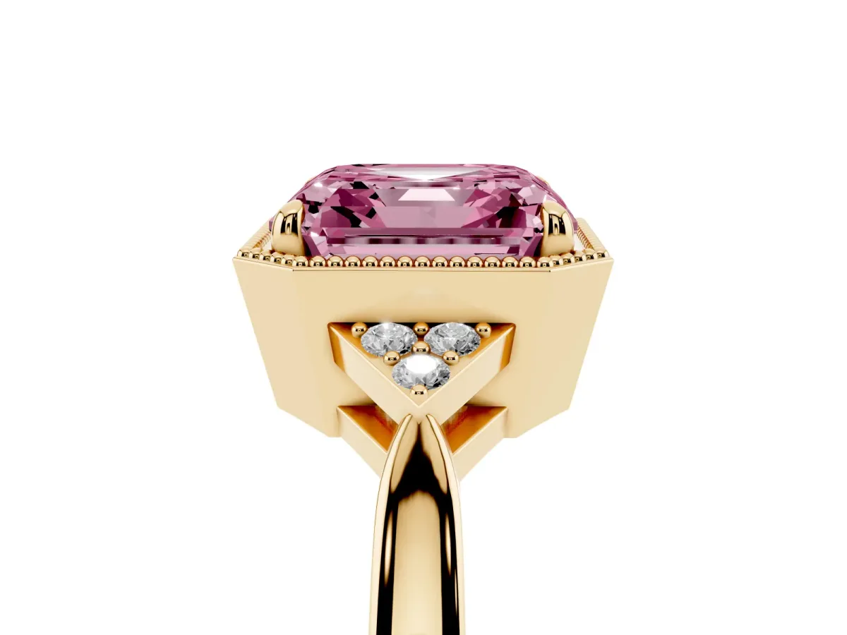 Fancy Pink Asscher Cut Diamond Halo Ring with Tapered Band and Four-Prong Setting Yellow gold