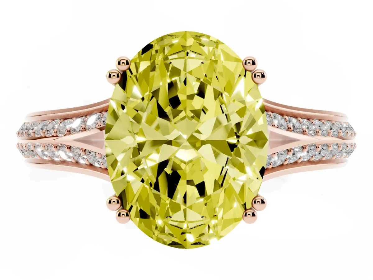 Fancy Yellow Oval Cut Diamond Split Shank Engagement Ring with Pavé Band Rose gold