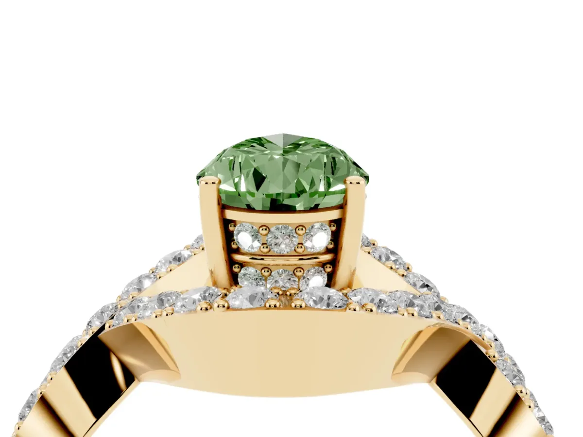 Fancy Green Pear Cut Solitaire Twist Band Pavé Diamond Engagement Ring Yellow gold