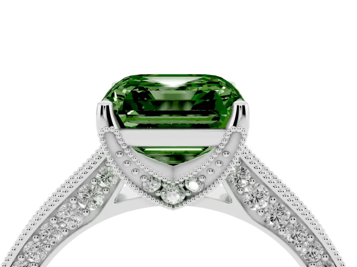 Fancy Green Asscher Cut Cut Diamond Solitaire Ring with Milgrain Pave Band and Four Prong Setting Silver