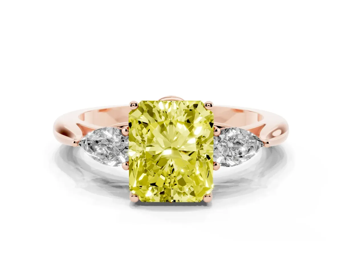 Fancy Yellow Radiant Cut Diamond Three-Stone Ring with Pear Side Stones and Prong Setting Rose gold