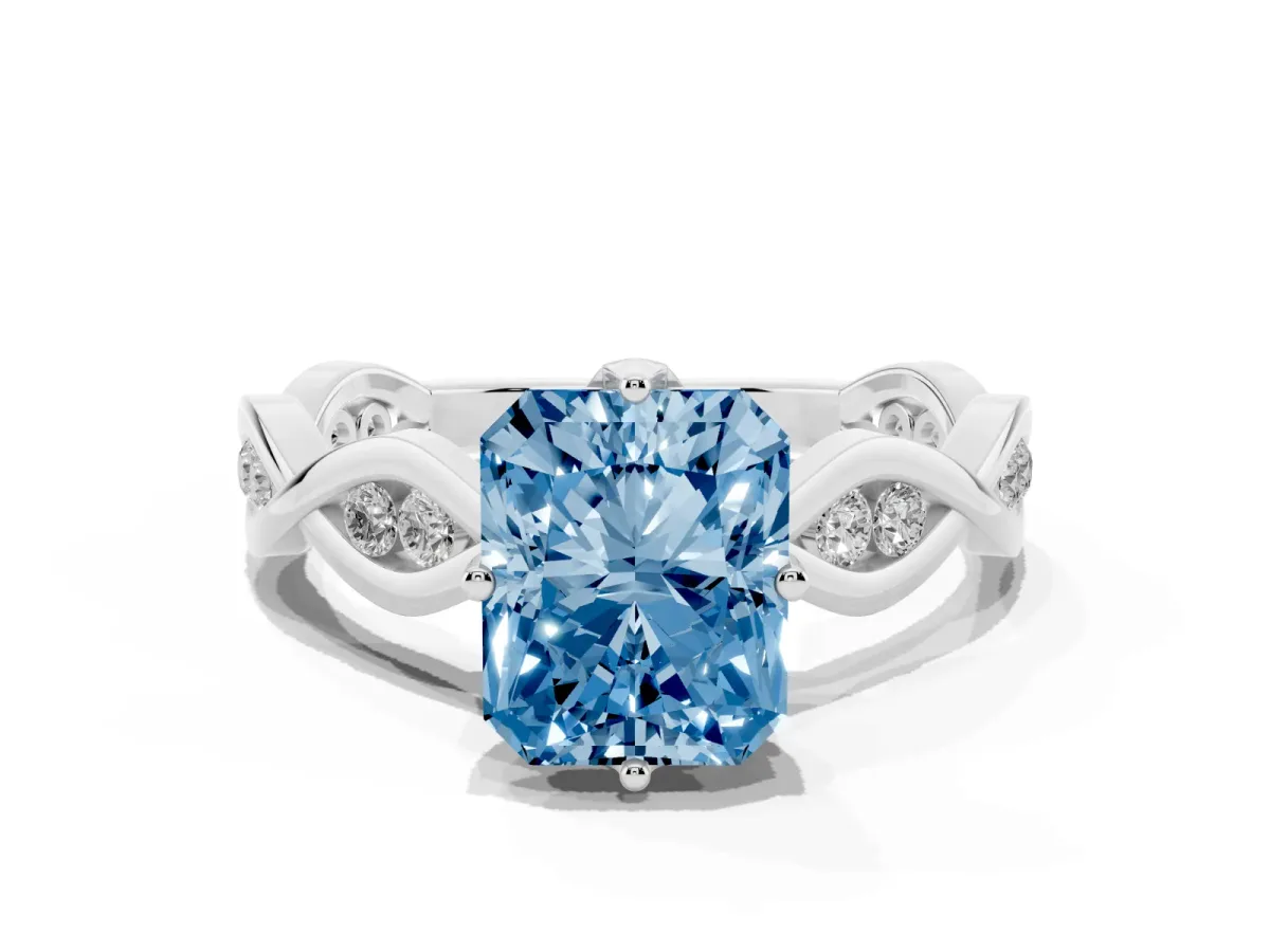 Fancy Blue Radiant Cut Solitaire Twist Band with Leaf Prong Setting Silver