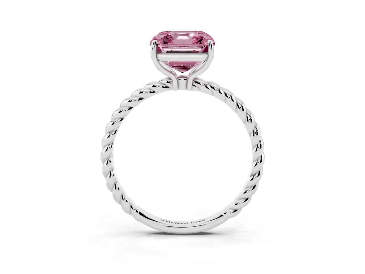 Fancy Pink Asscher Cut Solitaire Twisted Band 4-Prong Ring White gold