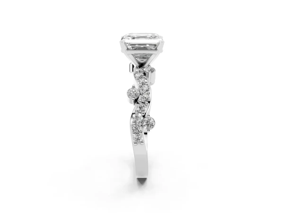 Asscher Cut Cut Solitaire Diamond Twisted Band with Pave Setting Silver