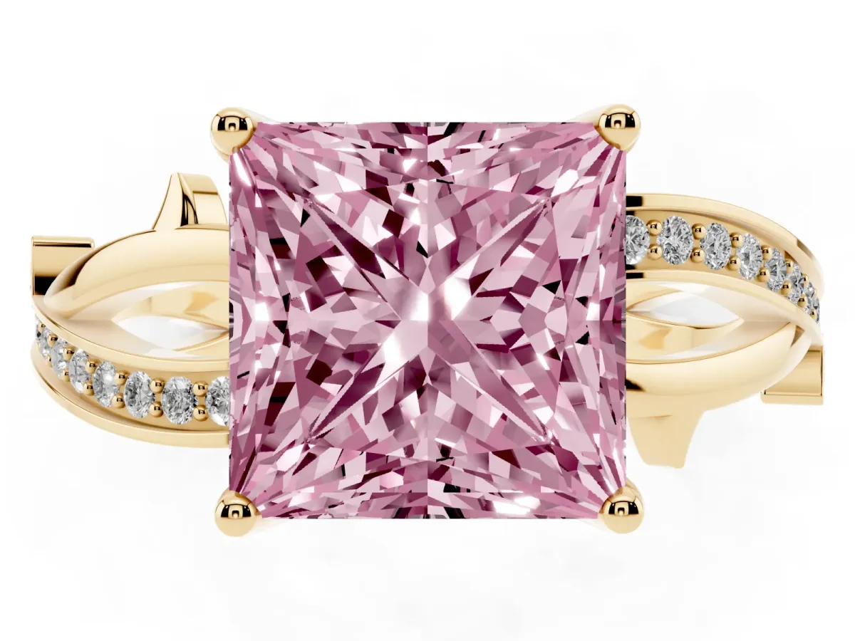 Fancy Pink Princess Cut Solitaire Twist Band with Pavé Accents and Four-Prong Setting Yellow gold