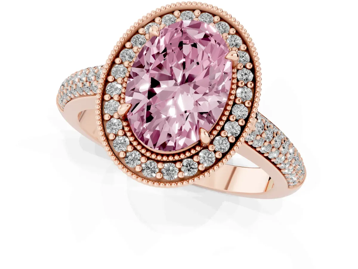 Fancy Pink Oval Cut Cut Halo Diamond Pave Band with Four-Prong Setting Rose gold