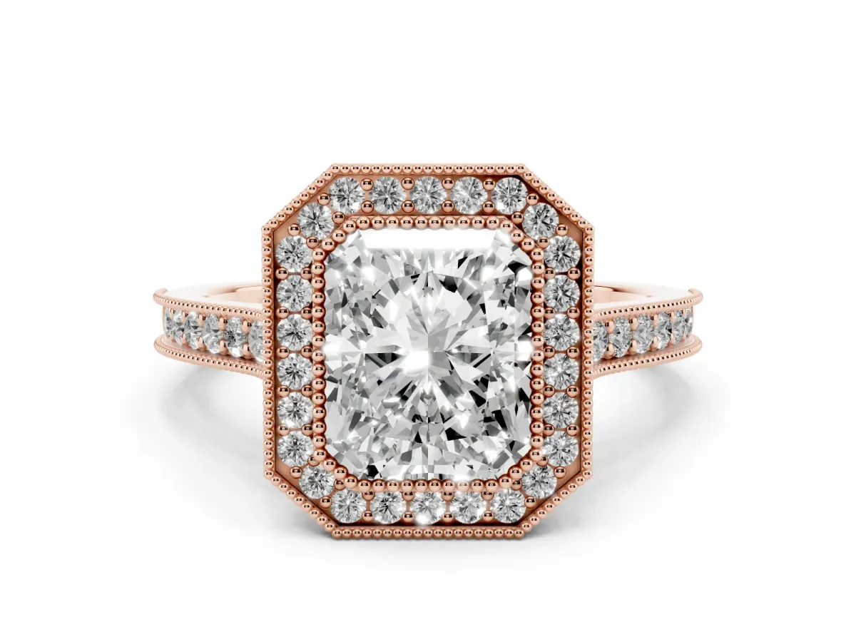 Halo Radiant Cut-Cut Diamond Pave Band Milgrain Prong Setting Ring Rose gold