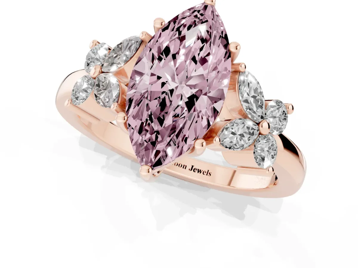 Fancy Pink Marquise Cut Diamond Floral Cluster Ring with Solitaire Band and Prong Setting Rose gold