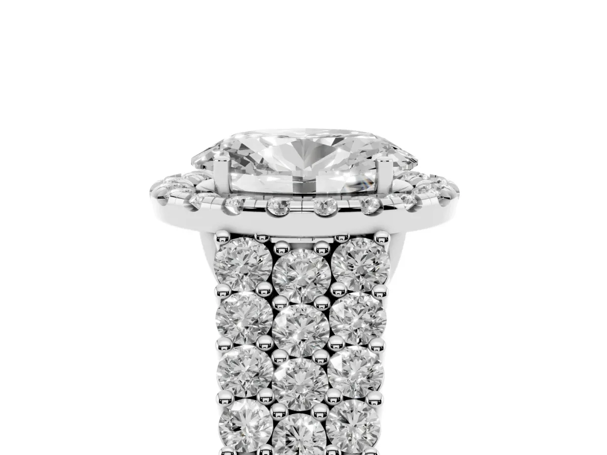 Oval Cut Diamond Halo Engagement Ring with Triple Row Round Pavé Band and Prong Setting Platinum