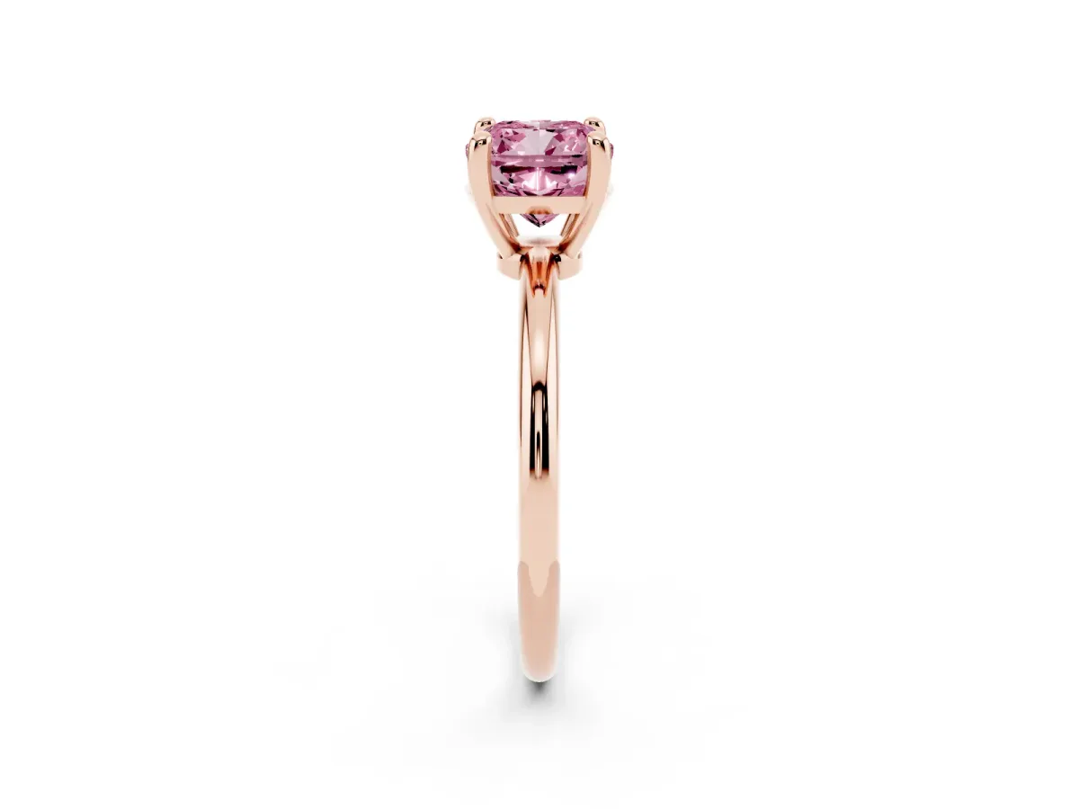 Fancy Pink Cushion Cut Solitaire Diamond Ring with 4-Prong Setting on a Classic Band Rose gold