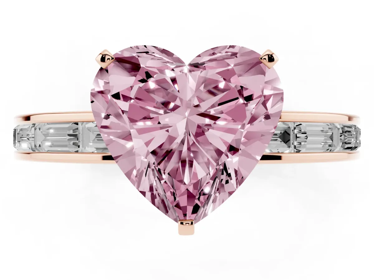 Fancy Pink Heart Cut Solitaire Diamond Ring with Channel-Set Baguette Band and Four-Prong Setting Rose gold