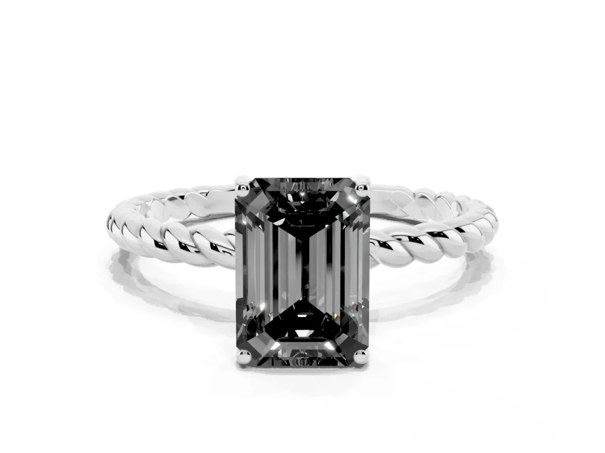 Fancy Black Emerald Cut Solitaire Twisted Band 4-Prong Ring Silver