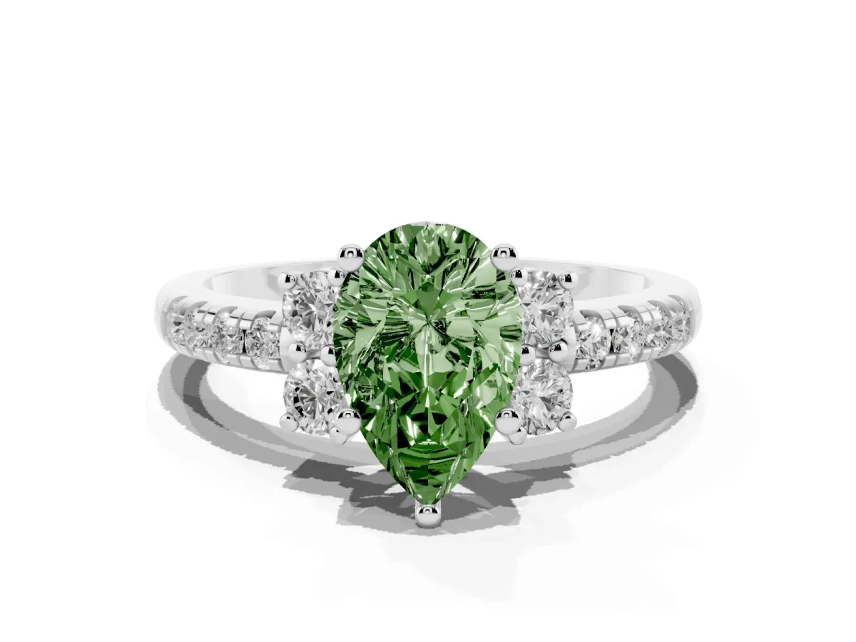Fancy Green Pear Cut Diamond Three-Stone Pave Band with Four-Prong Setting Silver