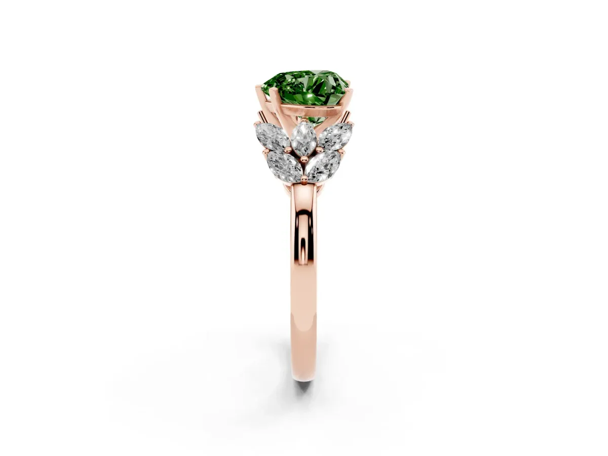 Fancy Green Heart Cut Diamond Cluster Leaf Design Ring with Prong Setting Rose gold