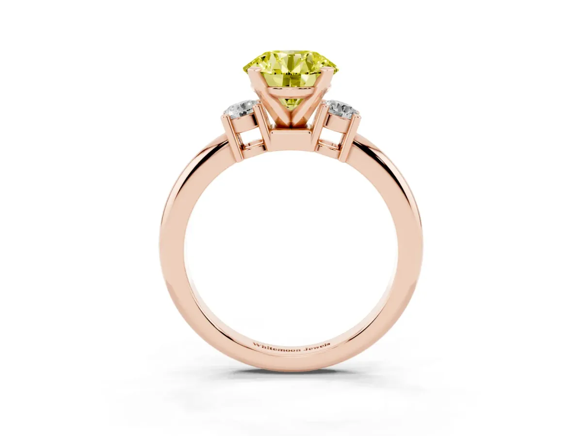 Fancy Yellow Three-Stone Round Cut Cut Diamond Solitaire with Prong Setting and Classic Band Rose gold