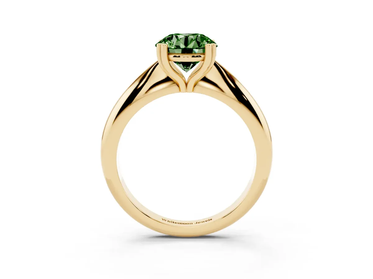 Fancy Green Round Cut Cut Solitaire Engagement Ring with Tapered Band and Four-Prong Setting Yellow gold
