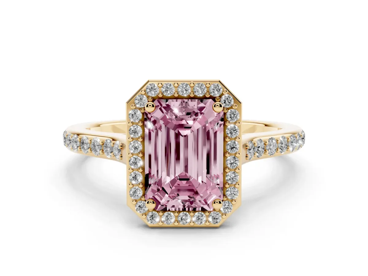 Fancy Pink Emerald Cut Diamond Halo Engagement Ring with Round Pavé Shoulders and Prong Setting Yellow gold
