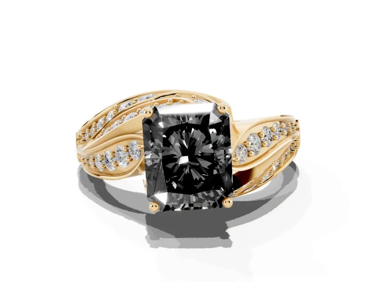 Fancy Black Radiant Cut Diamond Solitaire Ring with Prong Setting and Twisted Pavé Band Yellow gold