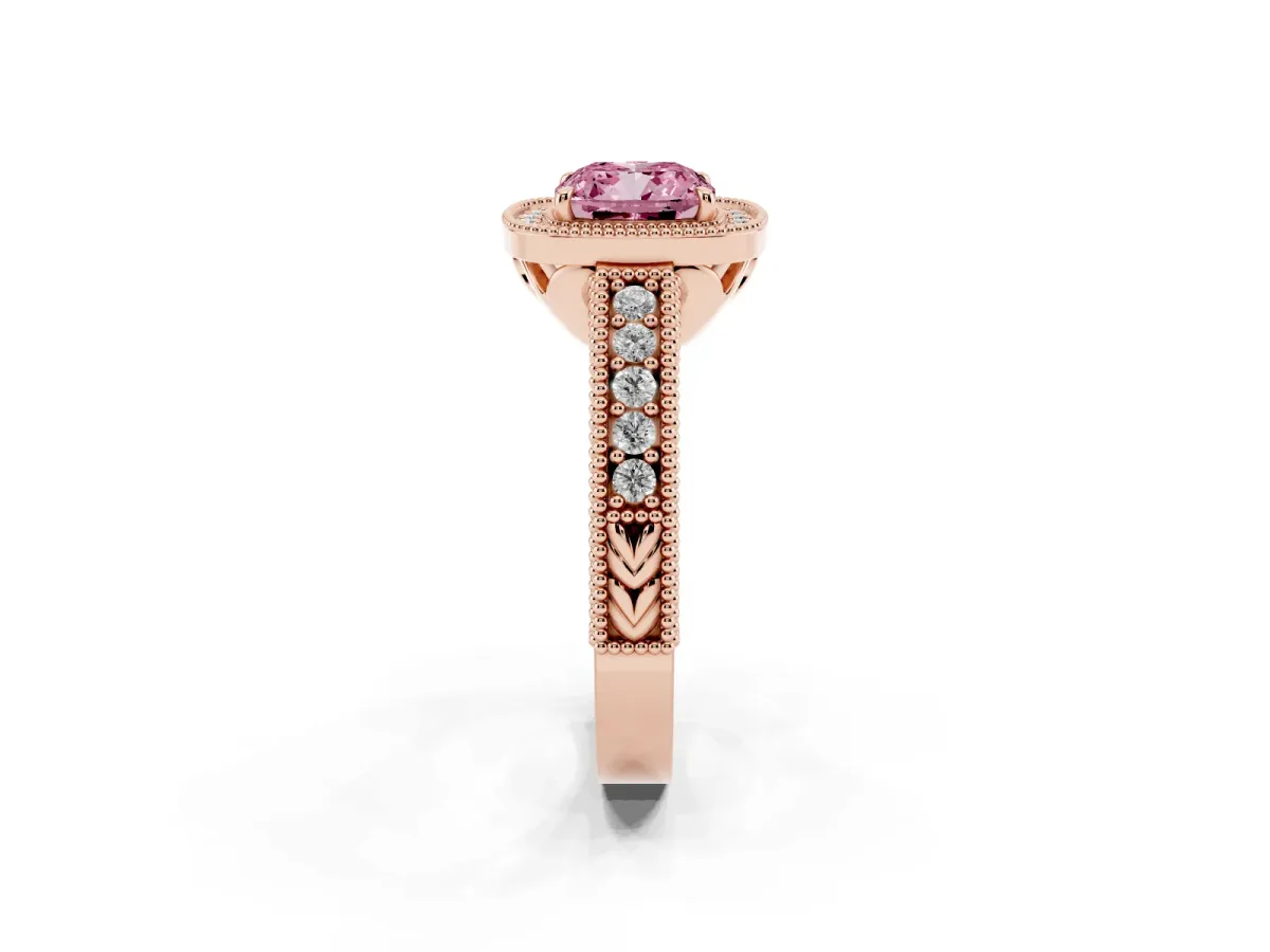 Fancy Pink Cushion Cut Cut Halo Diamond Ring with Pavé Band and Four-Prong Setting Rose gold