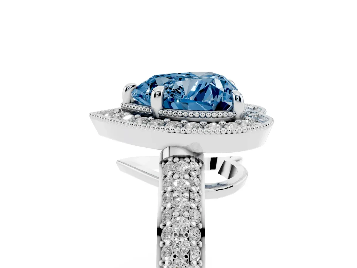 Fancy Blue Heart Cut Cut Halo Diamond Pave Band with Four-Prong Setting Platinum