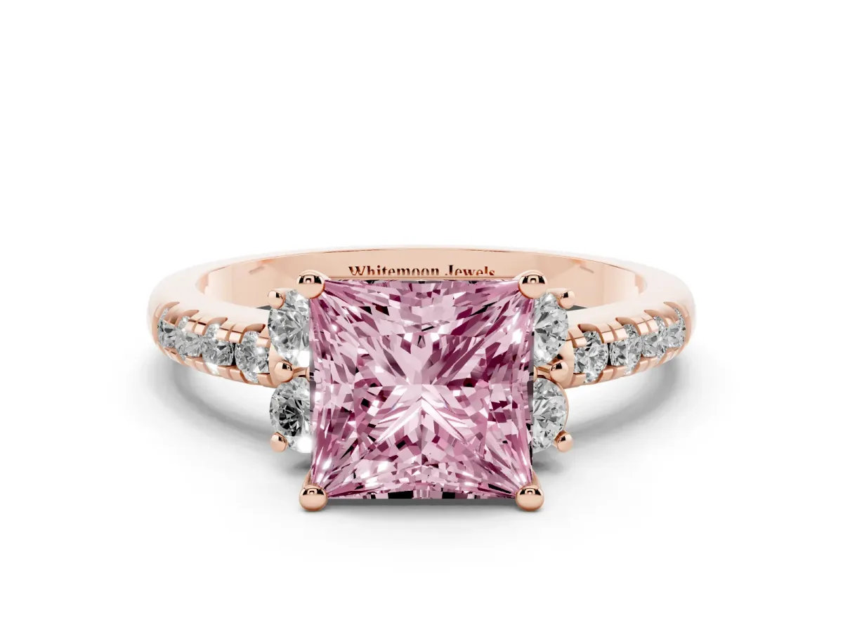 Fancy Pink Princess Cut Diamond Three-Stone Pave Band with Four-Prong Setting Rose gold