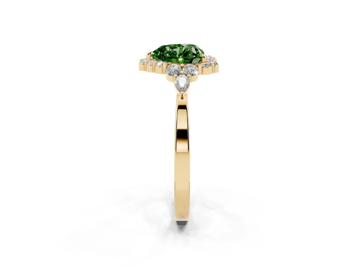 Fancy Green Heart Cut Diamond Halo Ring with Pear Side Stones and Prong Setting Yellow gold