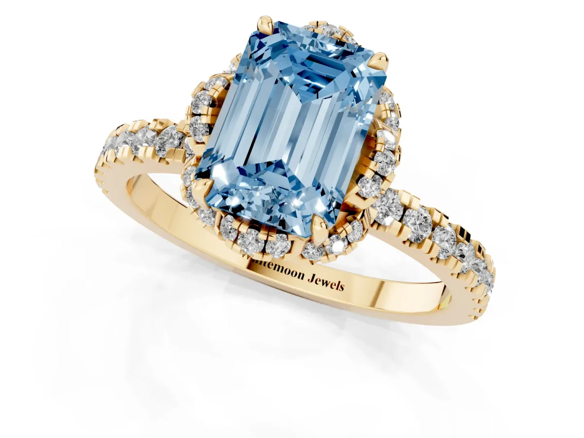 Fancy Blue Emerald Cut Halo Diamond Pave Band Ring with Four-Prong Setting Yellow gold