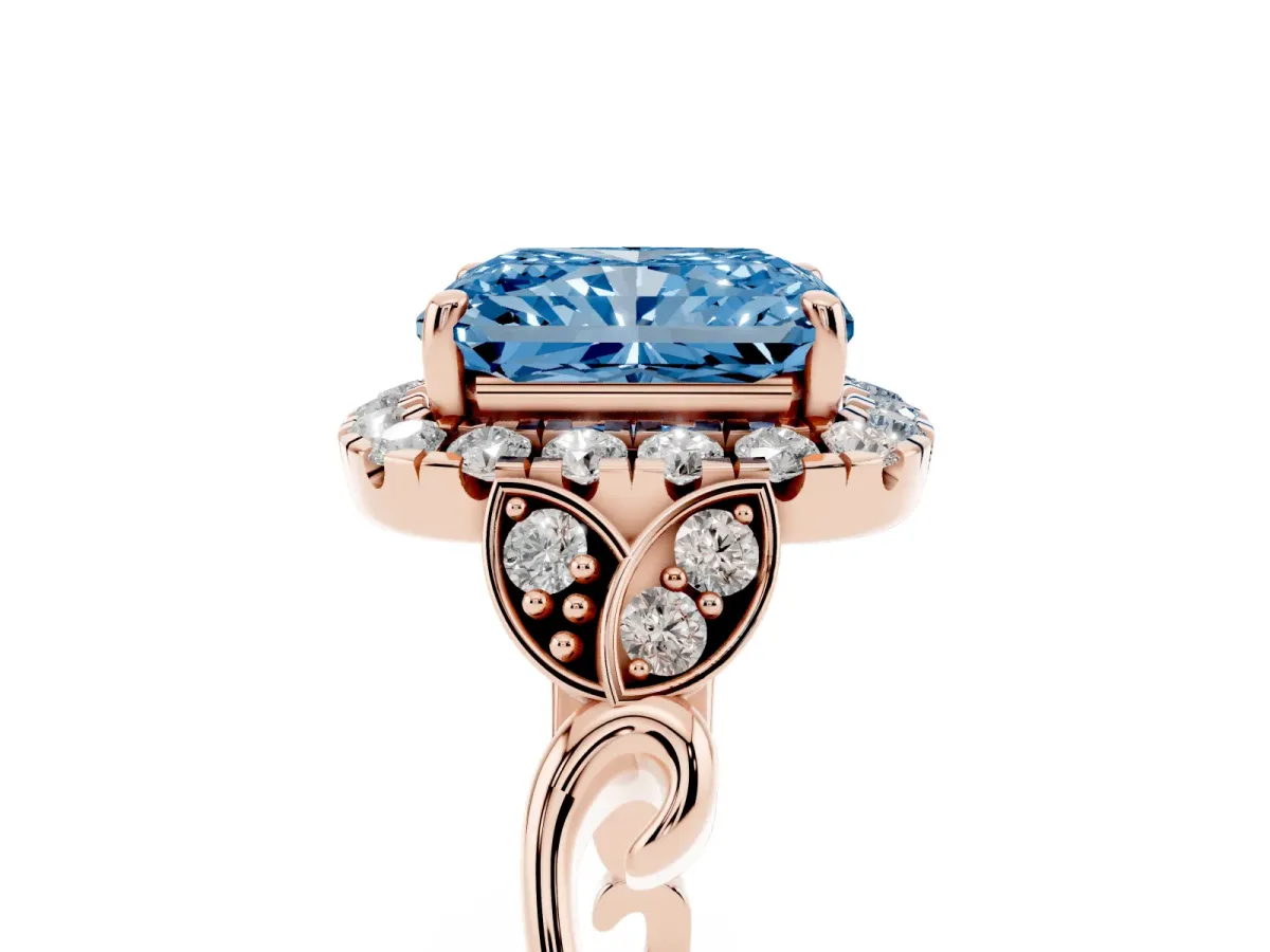Fancy Blue Radiant Cut Halo Diamond Engagement Ring with Vintage-Inspired Band and Four-Prong Setting Rose gold