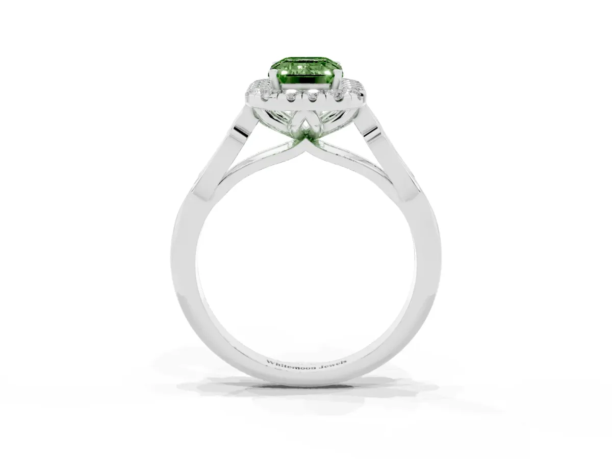 Fancy Green Emerald Cut Halo Diamond Engagement Ring with Filigree Band and Four-Prong Setting Platinum