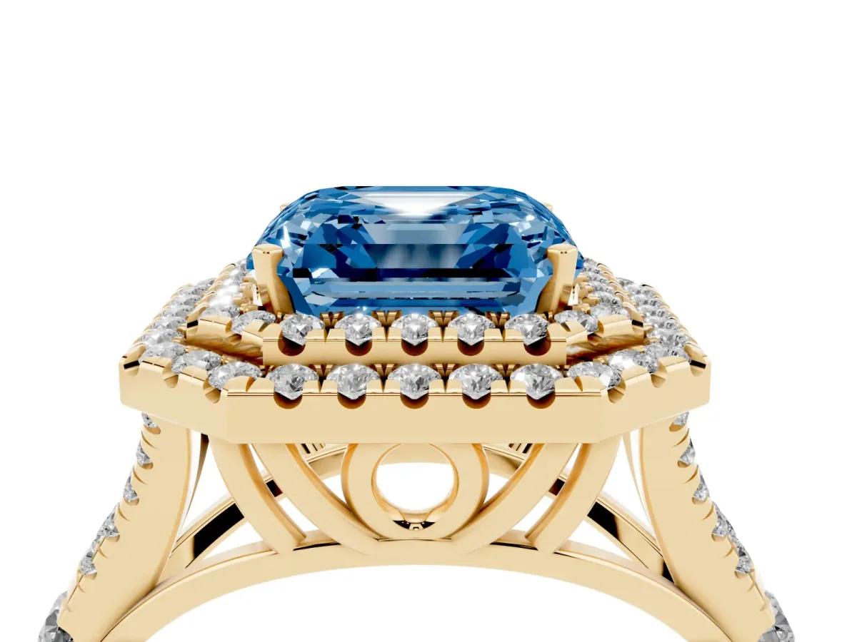 Fancy Blue Asscher Cut Diamond Pavé Split Shank Double Halo Engagement Ring Yellow gold