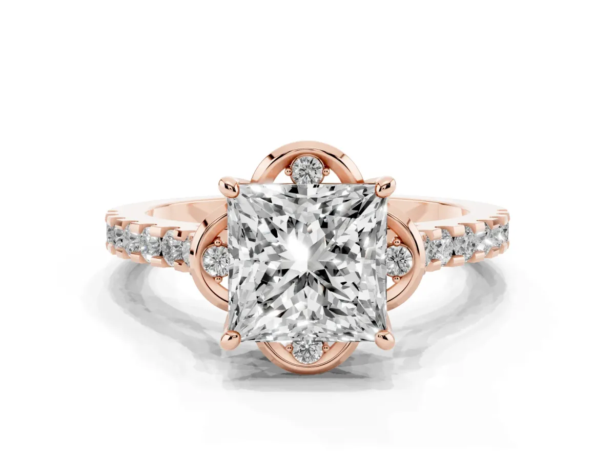 Princess Cut Diamond Ring with Pavé Band and Floral Prong Setting Rose gold