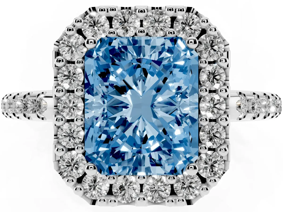 Fancy Blue Radiant Cut Diamond Pavé Halo Ring with Four-Prong Setting Silver